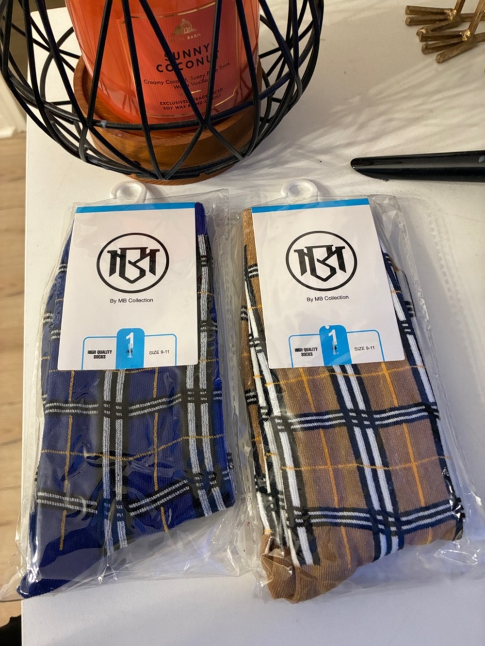 MB Collection Plaid Crew Socks - Blue & Camel